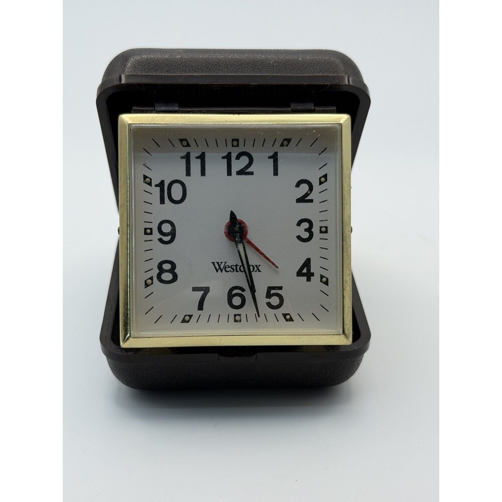 ⏰🖤 Westclox Travel Alarm Clock – Black Hard Case – Gold Wind Up – VINTAGE ✨⛺